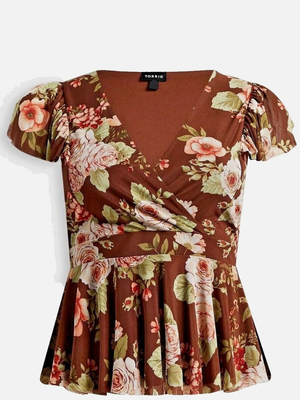 Torrid Brown Floral Mesh Surplice Puff Sleeve Peplum Top Sz 1X